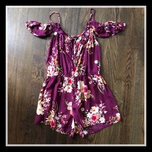 Maroon floral cold-shoulder romper